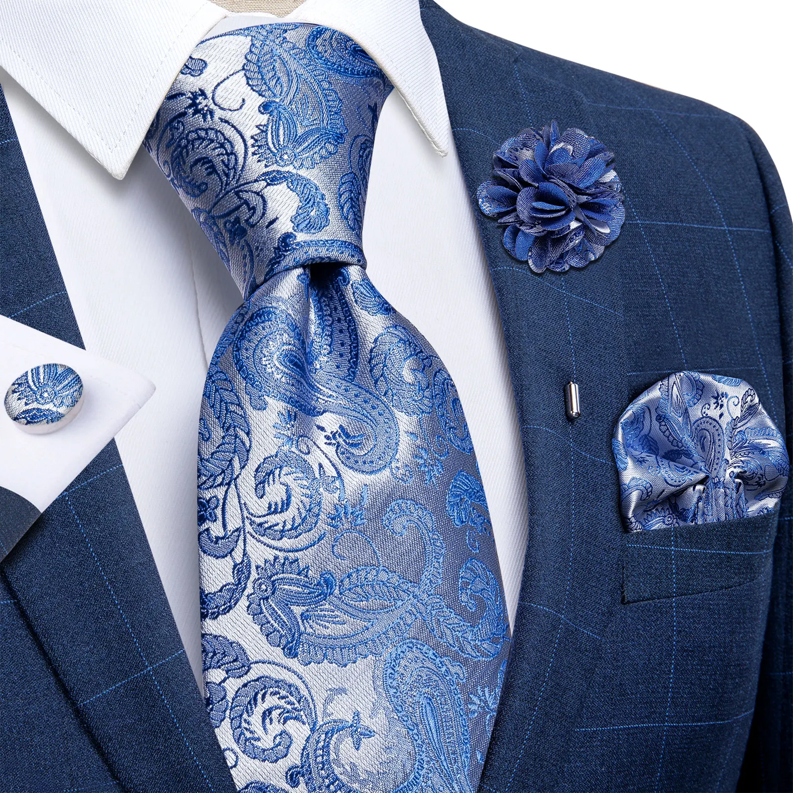 Blue Silver Paisley Neck Ties For Men Luxury 8cm Wide Silk Wed Tie Pocket Square Cufflinks Set Brooch Christmas Gifts For Men