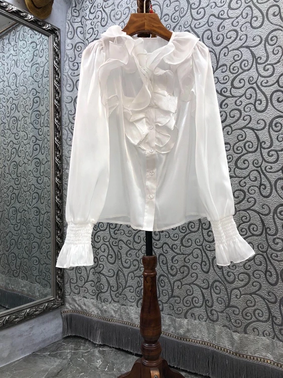 

2021 new women fashion ruffled irregular splicing lapel solid color long-sleeved all-match shirt shirt 714