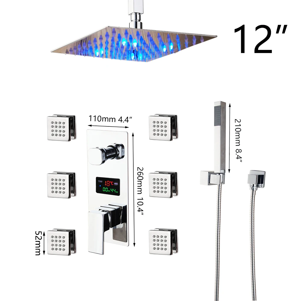 

LED 3-Ways Bathroom 12 Inch Rainfall Shower & Hand Sprayer Wall Mounted Faucet Mixer Set