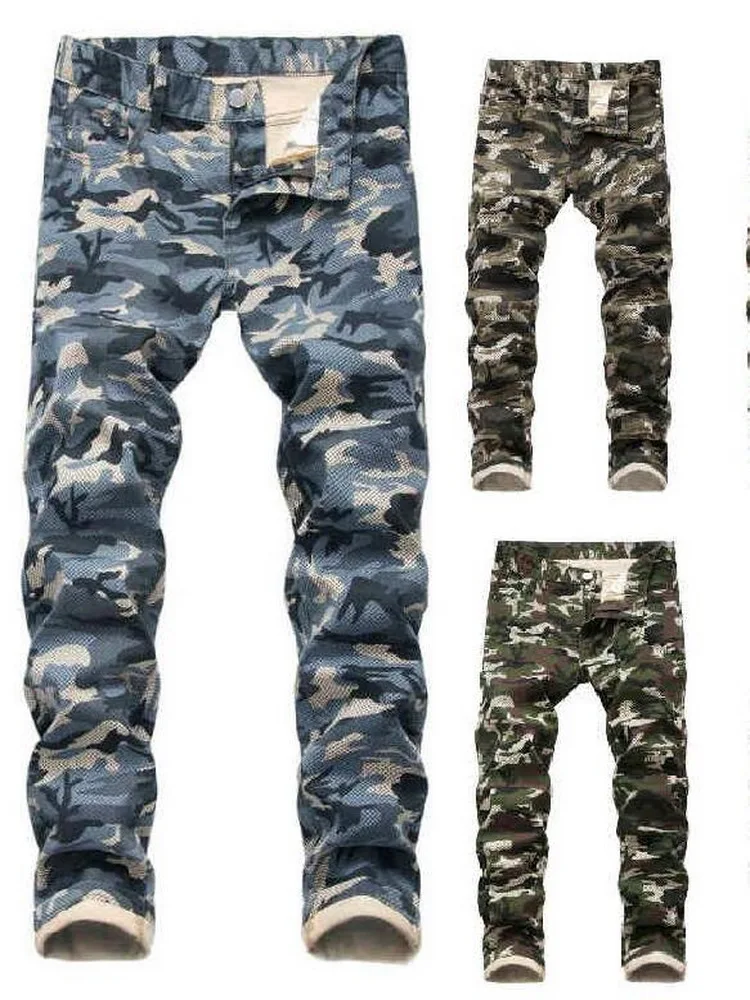 Men Jeans Camouflage Printing Jeans Straight Denim Pants Slim Fashion Denim Trousers Male Slim Fit Stretch Camo Jeans 6 Colors