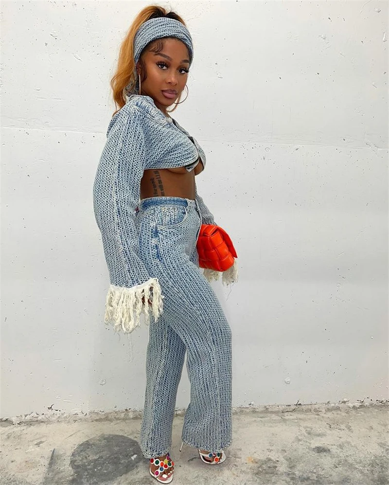 Женские джинсовые костюмы Adogirl комплект из 3 предметов укороченный Топ с длинным