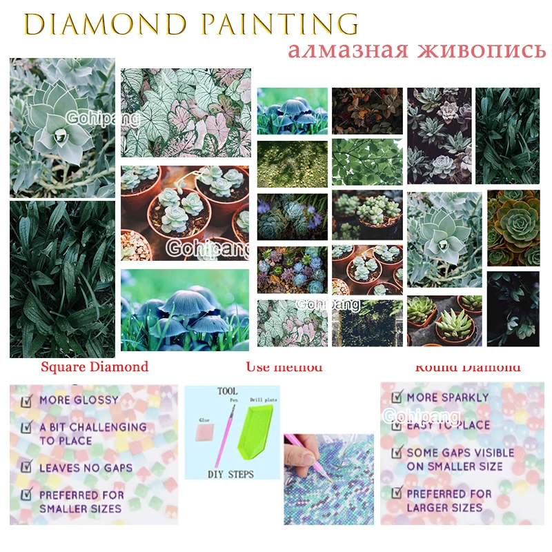 

Plants Diamond Paintings Green Succulents Leaves Mushroom 5D Cross Stitch Rhinestones Square or Round Diamond Home Room Decorati