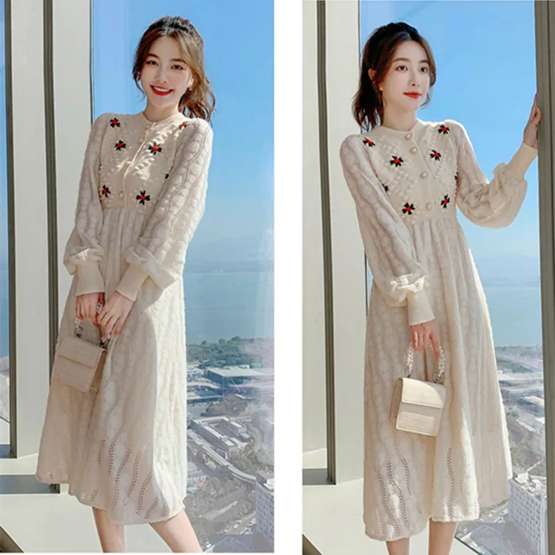 

Women Dress Knit Sweater Maxi Dresses Women Korea Style Slim Embroidery Dress Long Sleev Female Dress O Neck Ladies Midi Dresses