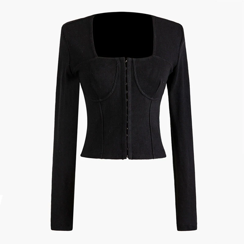 Женский свитер с квадратным воротником DEAT корейский тонкий однотонный вязаный