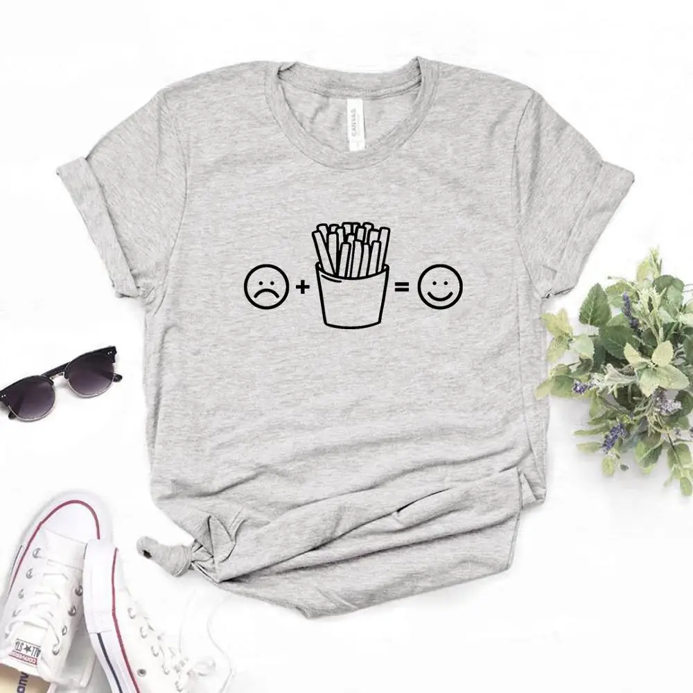 

Women T Shirt Sad +French Fries =Happy Print Tshirt Women Short Sleeve O Neck Loose T-shirt Ladies Summer Causal Tee Shirt Tops