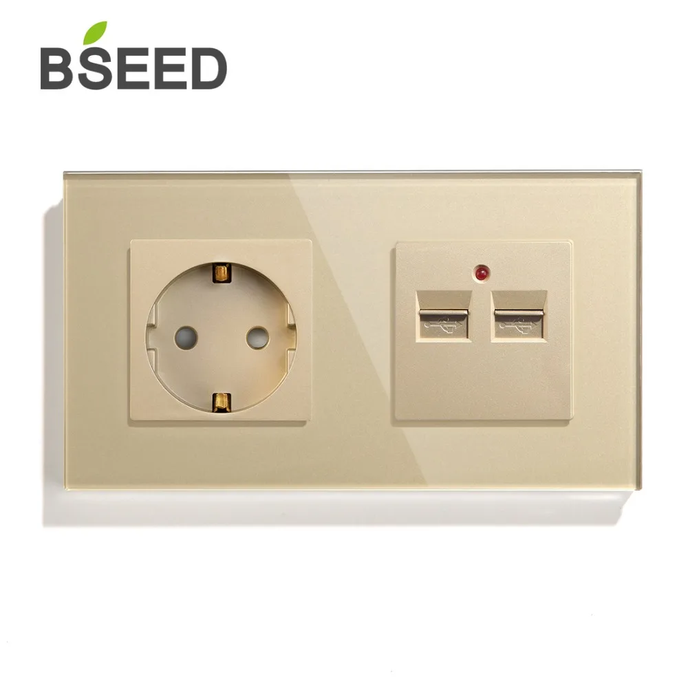 BSEED розетка стандарта ЕС с двойным USB зарядным устройством, настенная розетка, белая, черная, стеклянная панель с кристаллами 100-240 В