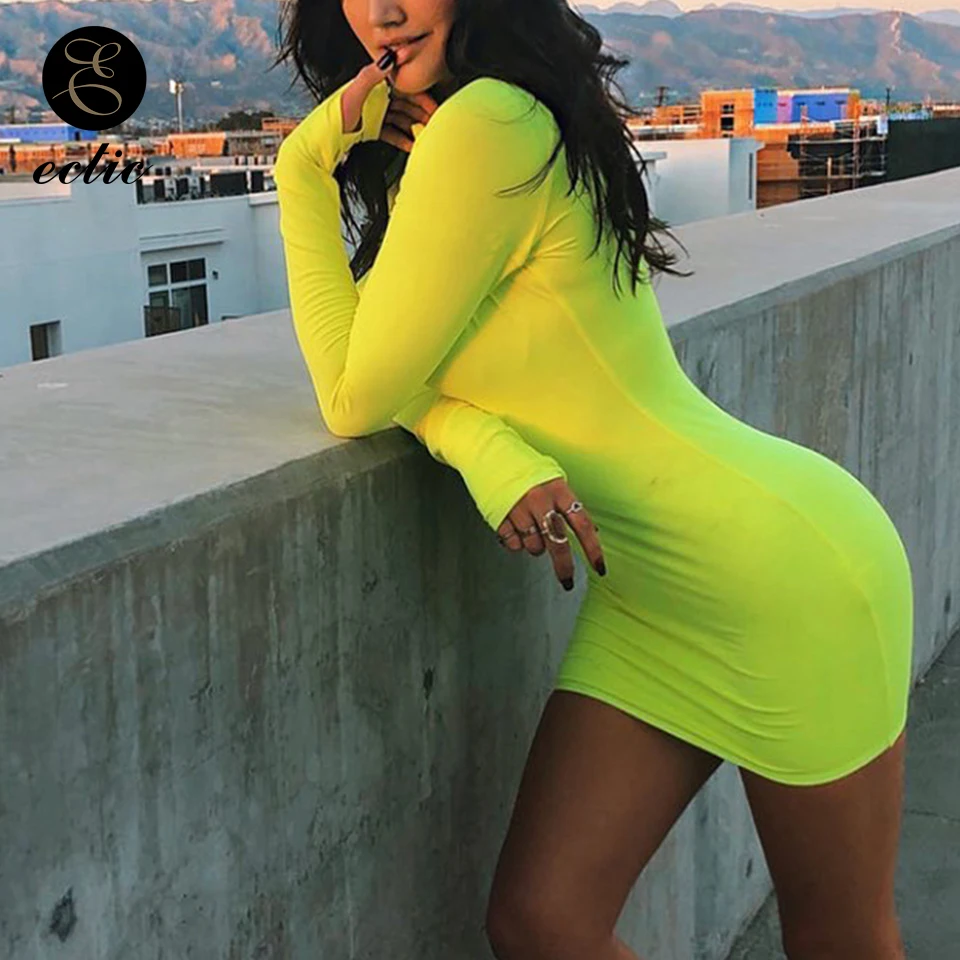 Женское облегающее платье на молнии неоново зеленое ФЛУОРЕСЦЕНТНОЕ с вырезом