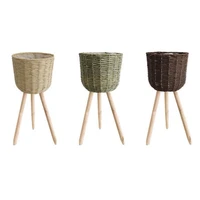 floor woven storage basket with wooden legs plant pot stand flowerpot planter