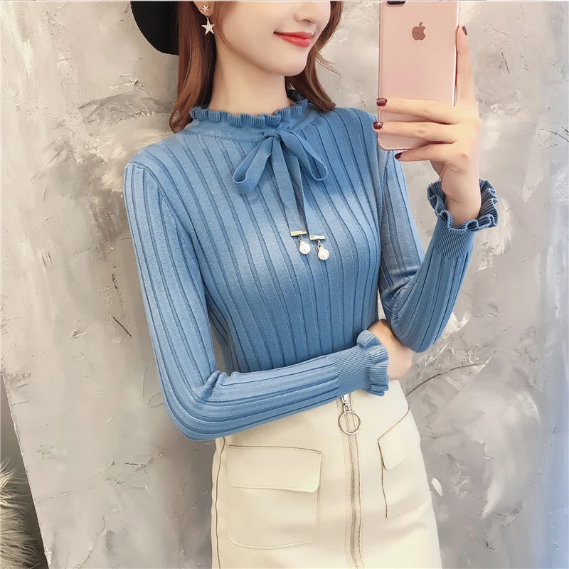 

QRWR 2020 Woman Sweaters Autumn Winter Casual Half Turtleneck Butterfly Sleeve Knitting Elegant Lace Up Slim Fit Basic Sweater