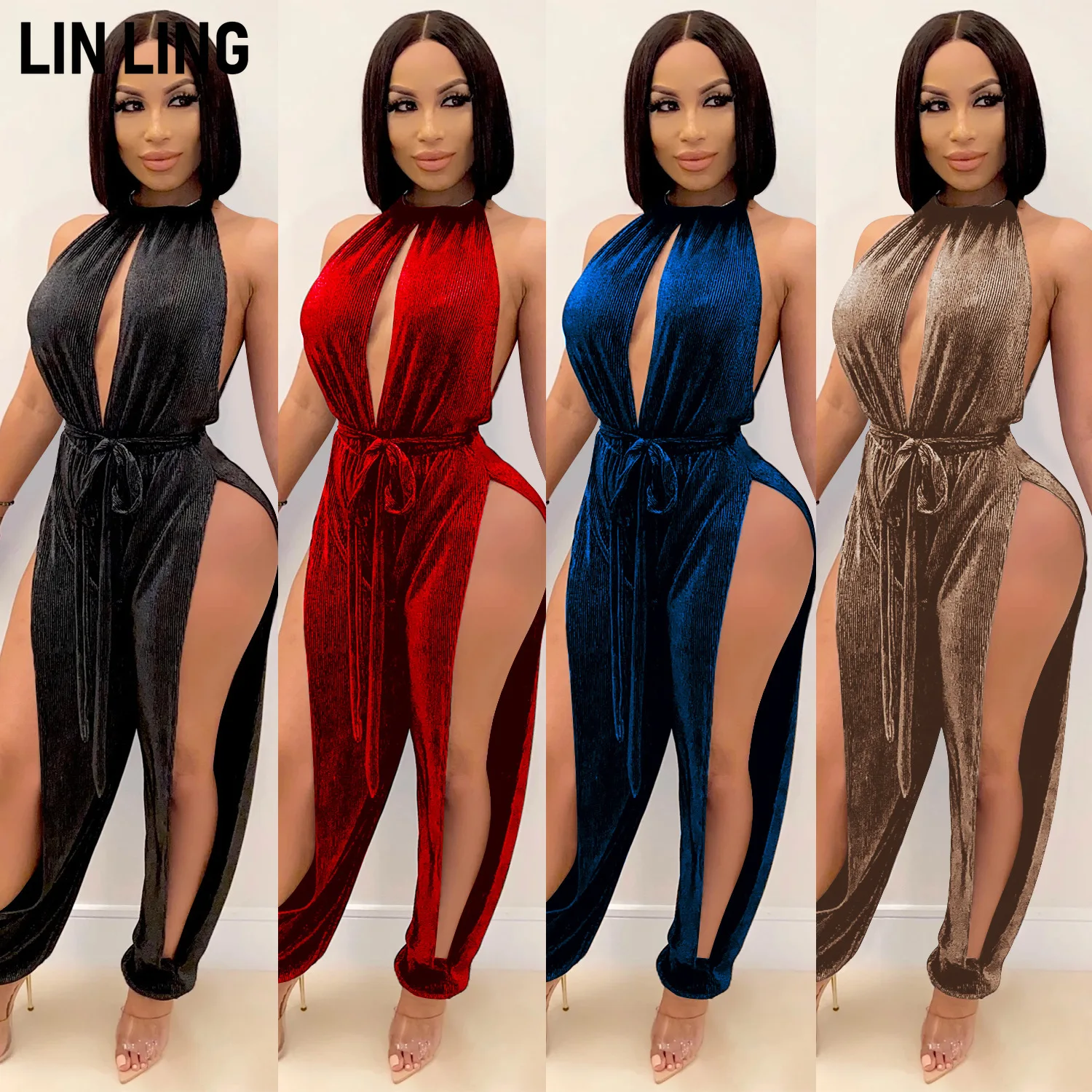 

LINLING 2021 Summer New Fashion European and American Sexy Bandage Elastic Split Casual Women's Jumpsuit