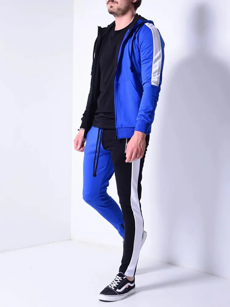Men's Patchwork suits Outdoor training hooded coats casual sweatpants two-piece High quality Fitness brand clothing | Мужская одежда