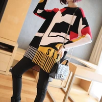 2020 womens sweater knit elegant mature vintage style print striped geometric contrast loose round collar cloth