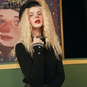 Женский трикотажный пуловер ELFSACK, однотонный контрастный кружевной свитер с длинным рукавом в Корейском стиле на осень 2020