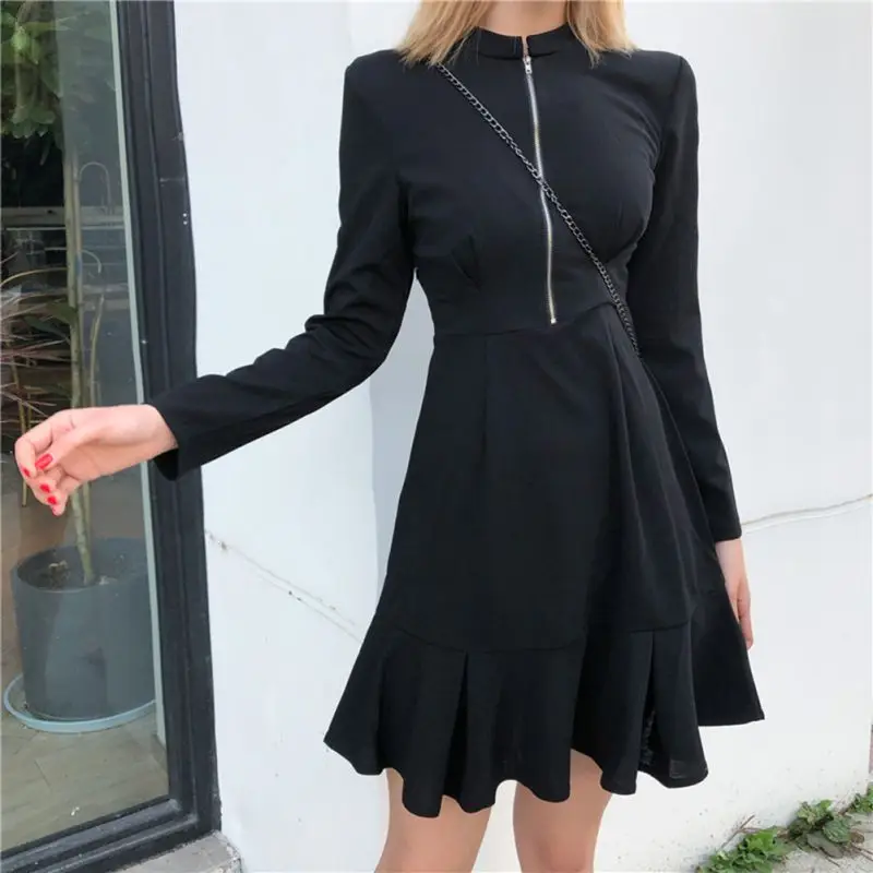 

Autumn Zipper O Neck Dress Ladies Mini Dress Long Sleeve Ruffled Dresses Evening Party Dress Vestidos