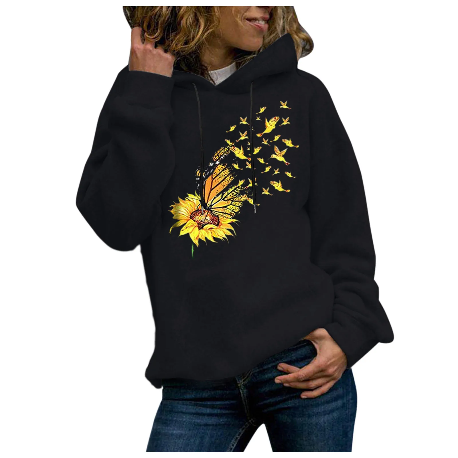 

Flower Butterfly Print Hoodies Women Autumn Winter Long Sleeve Graphic Sweatshirt Vintage Female Drawstring Pullover Tops