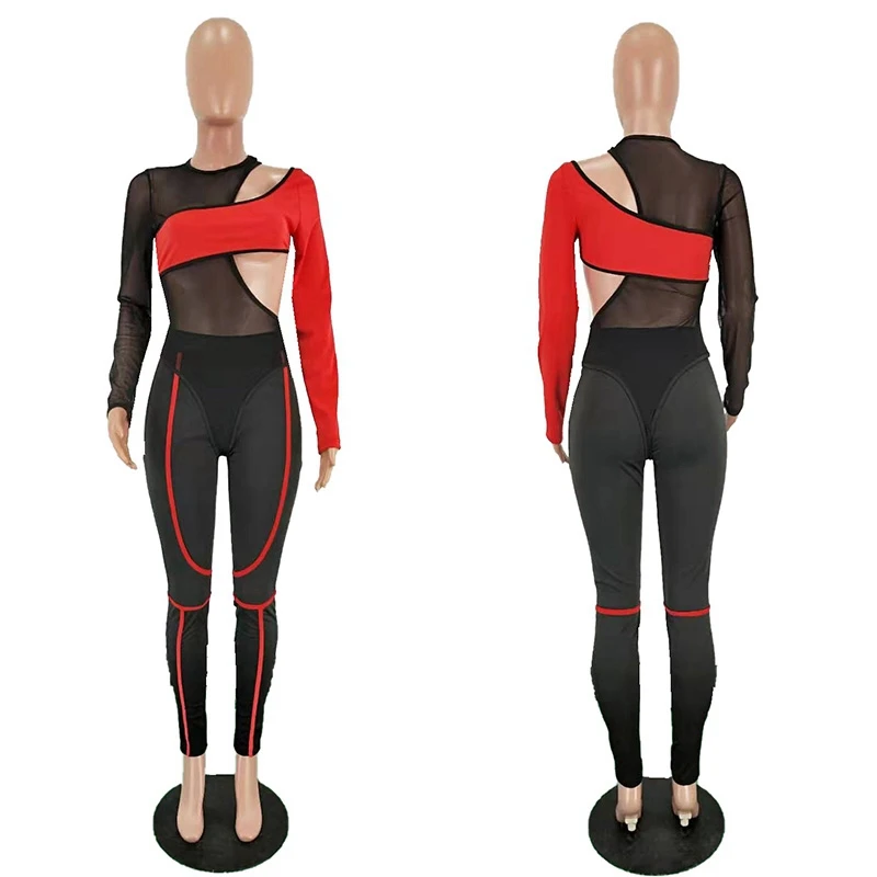 

Mesh Sexy 2 Piece Set Women Tracksuit 2020 Patchwork Bodysuit Top and Pants Sweat Suits Women 2 Piece Club Outfits Matching Sets