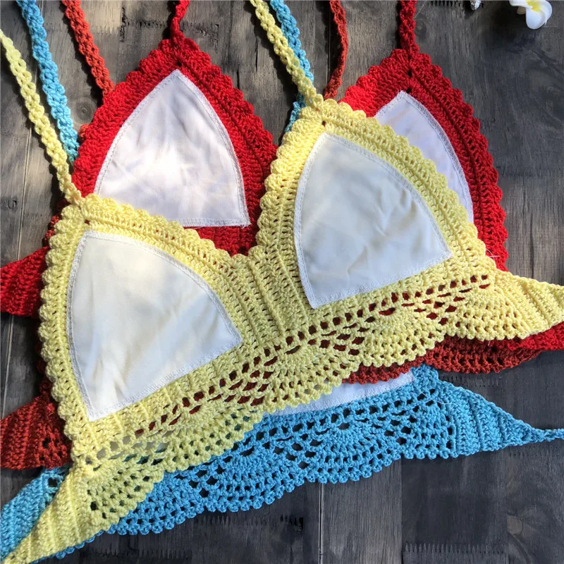 Сексуальный однотонный вязаный крючком бикини Топ Купальники женские