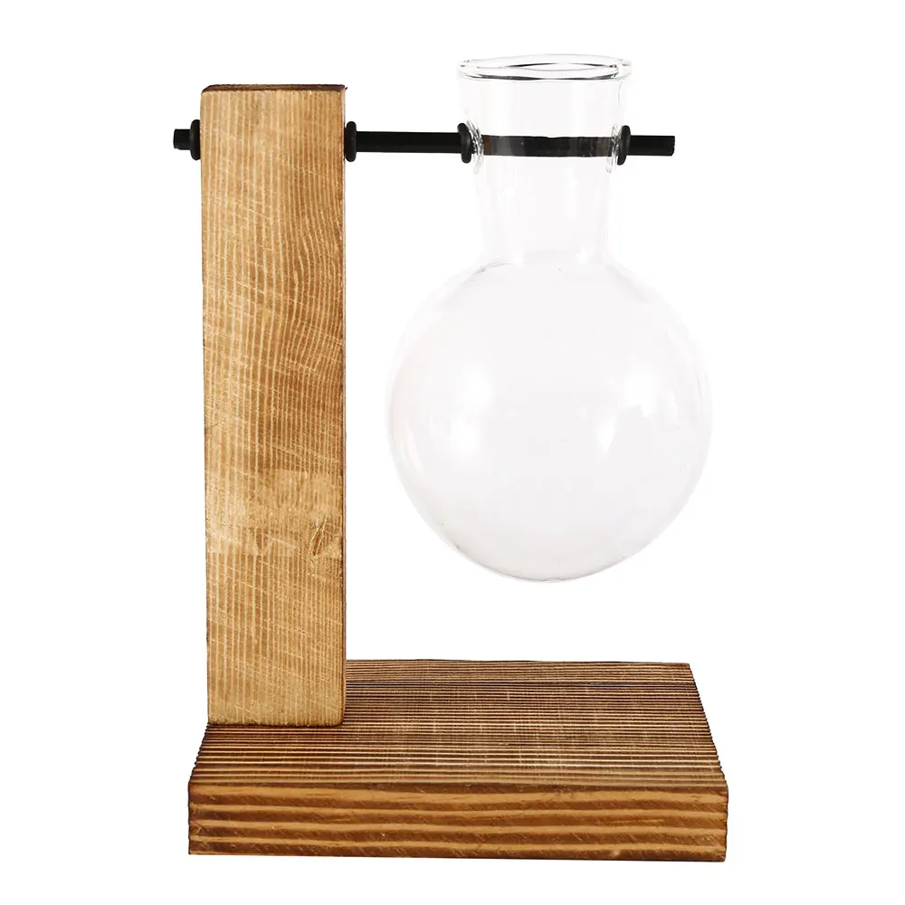 A Nordic Simple Hydroponic Plant Vases Vintage Flower Pot Transparent Vase Wooden Frame Glass Tabletop Plants Home Bonsai Decor - Color: A