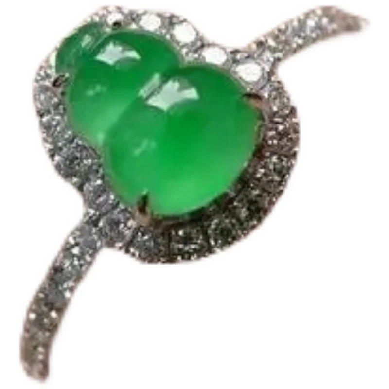 

Mine Timber Bright Green Full Green Chalcedony Strong Fluorescent Gourd Ring S925 Sterling Silver Inlaid Diamond Temperament,