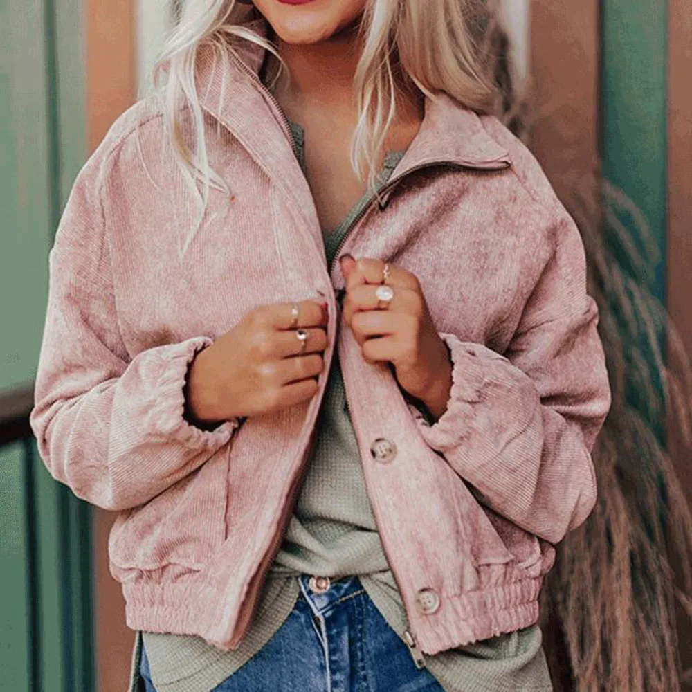 

New 2021 Autumn Winter Western Plain Single Breasted Woman Jacket New Fashion Straight Casual Corduroy Women Jackets