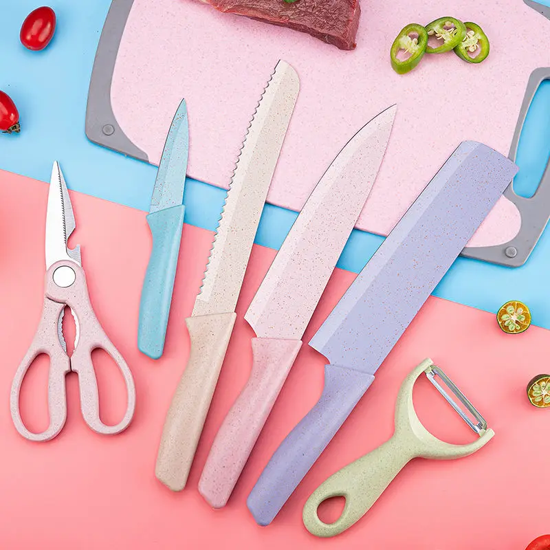 Juego de cuchillos de paja de trigo, utensilio de cocina dom&eacute;stico de material inoxidable ecol&oacute;gico, para cortar pan y fruta-5