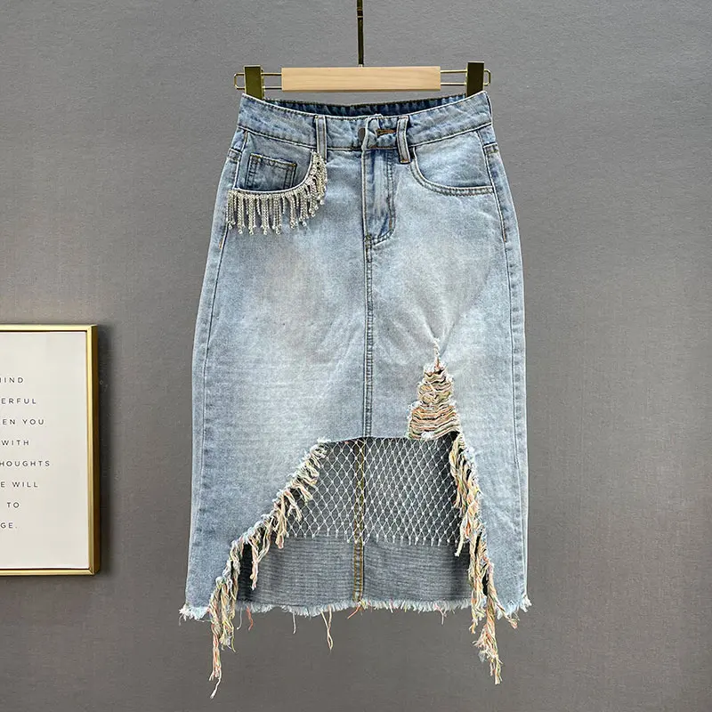 

Джинсовая Юбка-миди для женщин, Новинка лета 2021, облегающая юбка в сеточку с высокой талией, со стразами, рваная ковбойская юбка, женская джи...