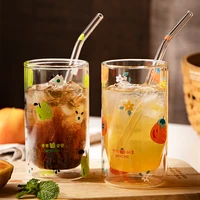 creative double glass water cup cute apple persimmon printing heat resistant coffee milk juice cup home high value glass