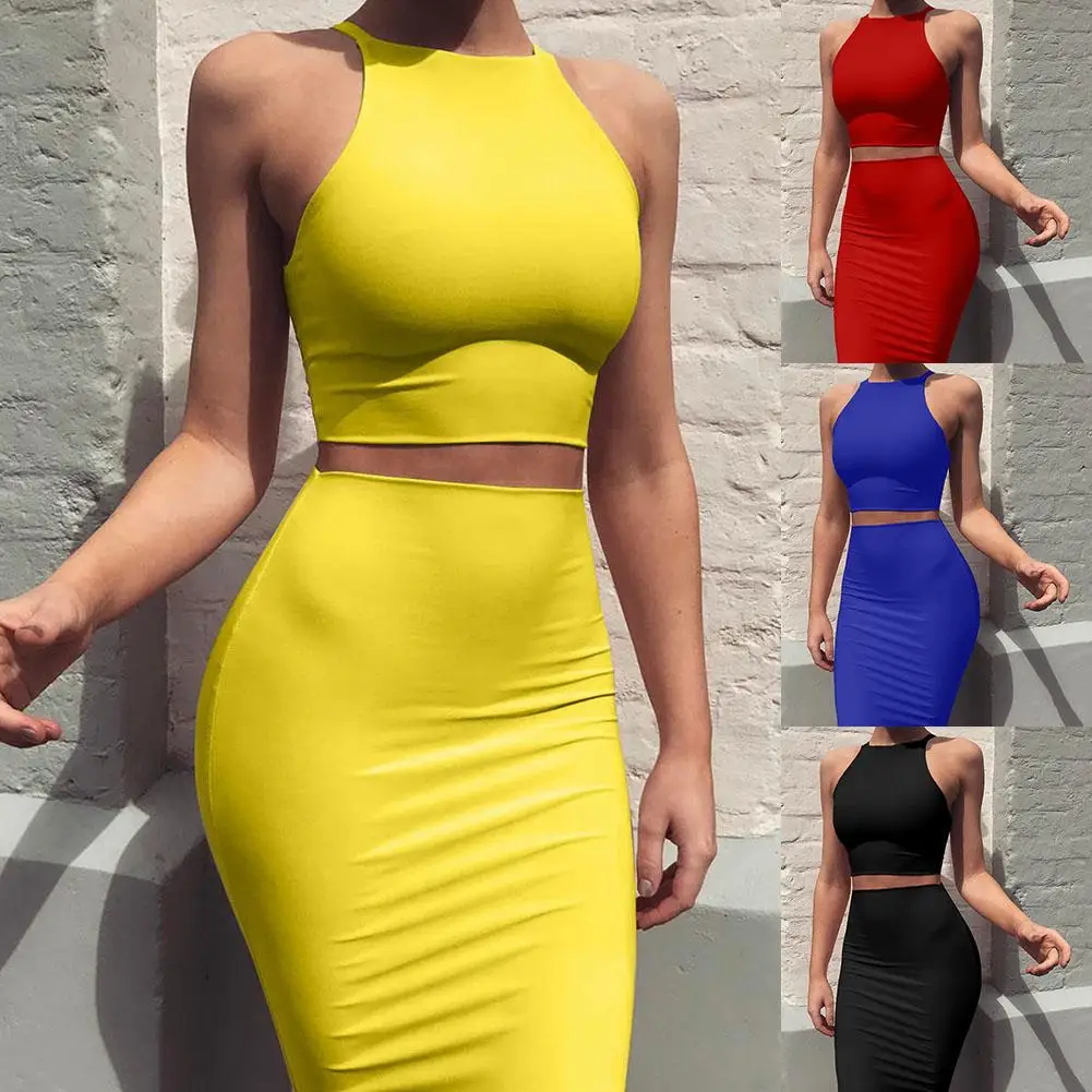 

HOT SALESï¼ï¼ï¼2Pcs Women Solid Color Sleeveless Crop Top High Waist Knee Length Bodycon Skirt Wholesale Dropshipping