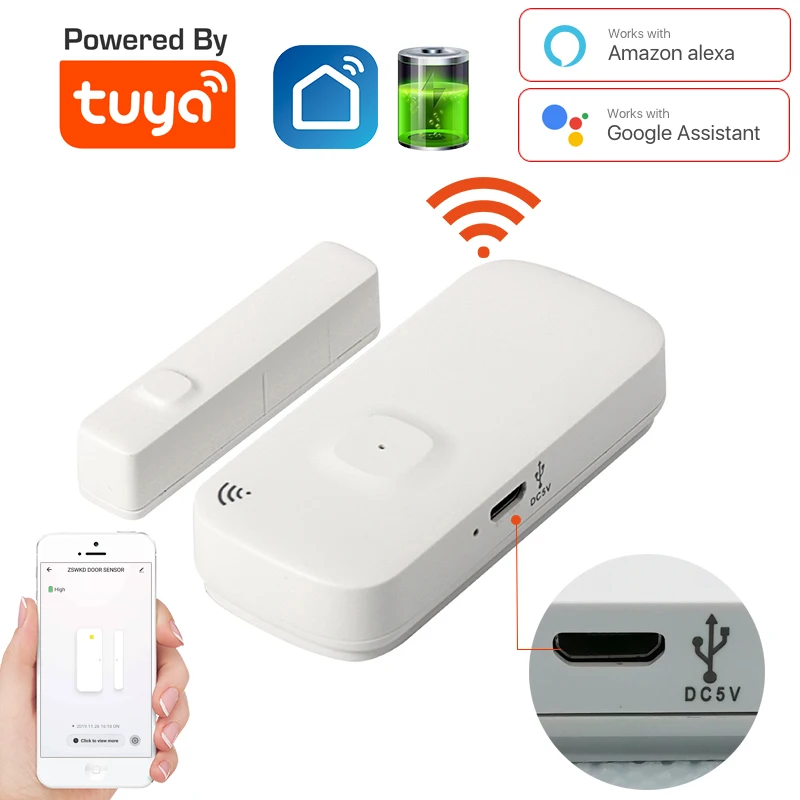 Tuya Door sensor with battery recharge port wireless Magnetic window detector Magnet switch open alarm smart life AlexaGoogle