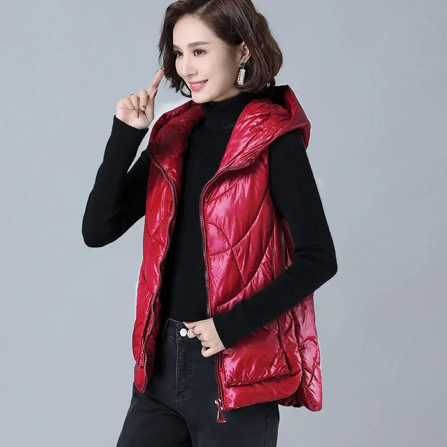 

Woman Black Cotton Vest Female Vest Waistcoat 2021 Autumn Winter Sleeveless Coats Hooded Large Size Cotton Jackets 5XL H1152