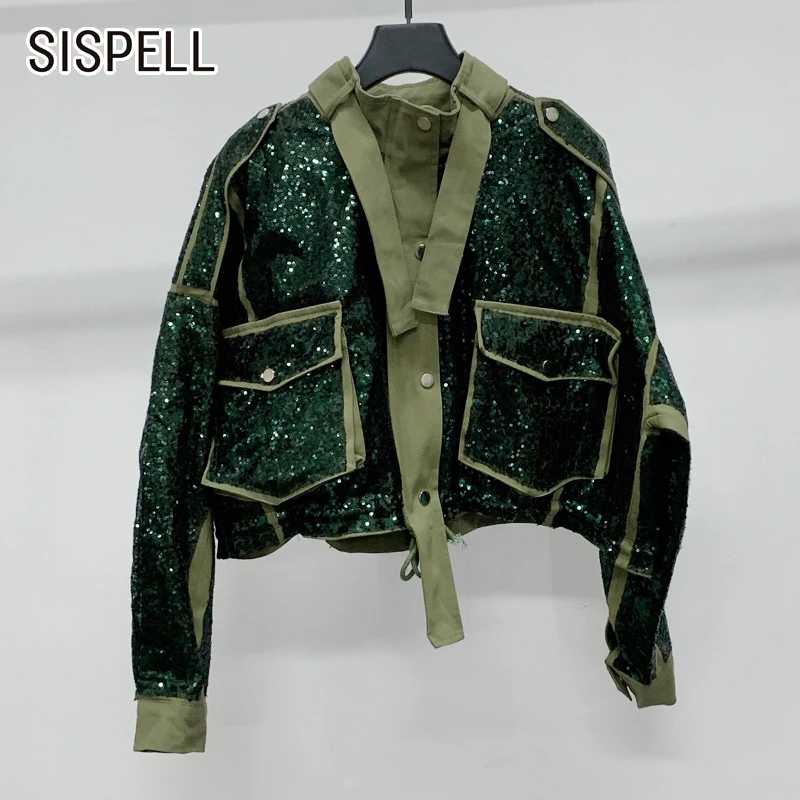 

Женское пальто с блестками SISPELL, лоскутное пальто со стоячим воротником и длинным рукавом, регулируемый подол, на шнуровке, 2021