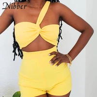 nibber solid casual 2two piece set women classic streetwear slash neck crop topsshorts matching outfits active female hot deals