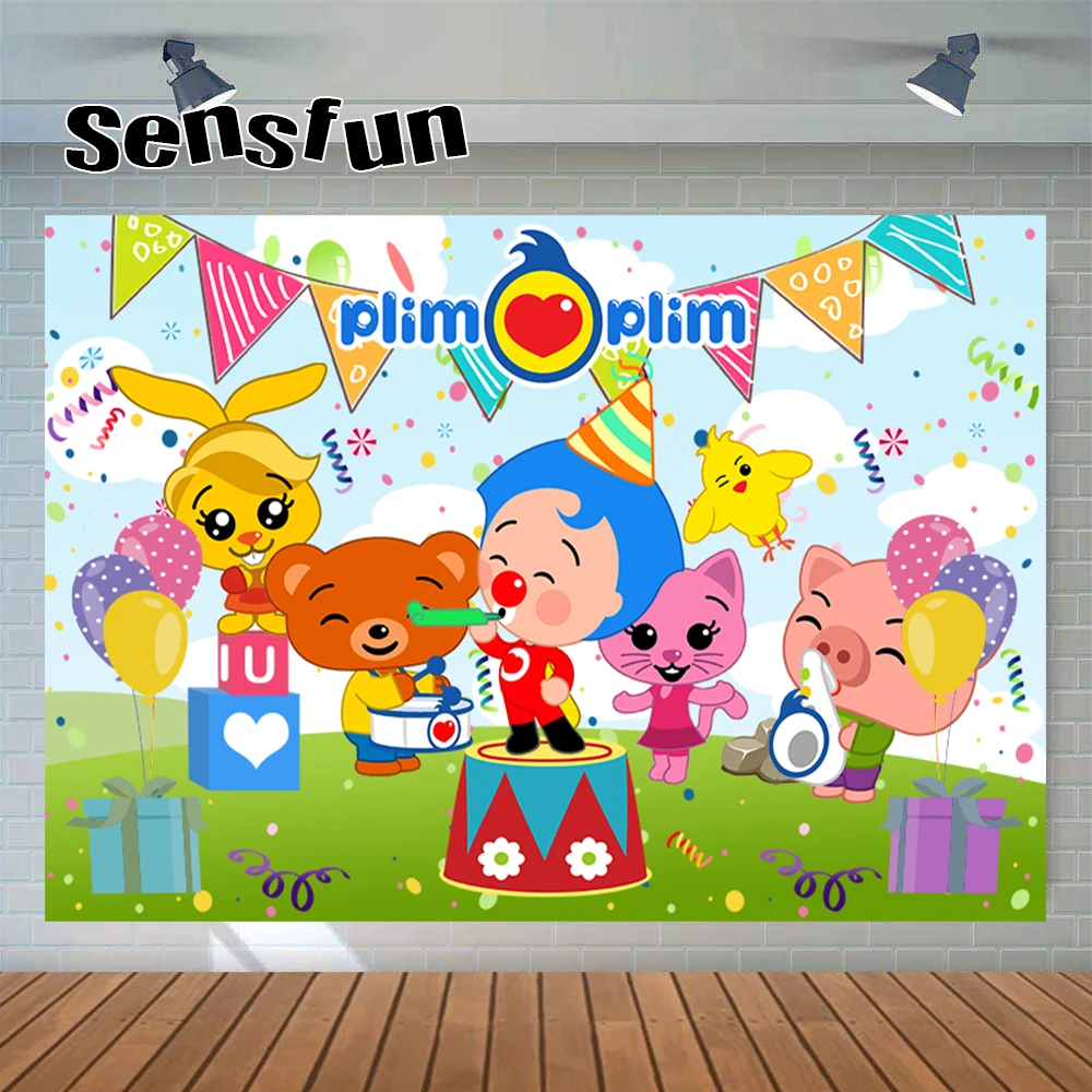 Sensfun Cartoon Cute Kids Boys 1st Birthday Party Backgrounds Bunting Animals Payaso Plim plim Theme Photography Backdrop Custom |