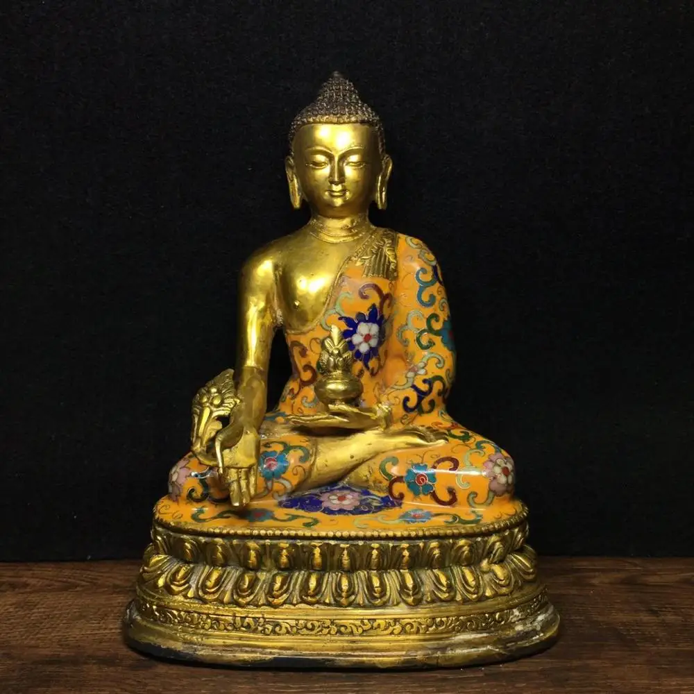 

8" China Folk Collection Pure copper cloisonne filigree enamel color Sakyamuni Statue Pharmacist Buddha Statue