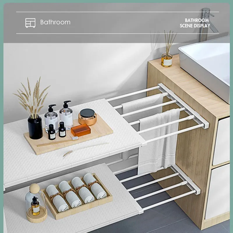 

Home Adjustable Cabinet Organizer Storage Shelf Wall Wardrobe Kitchen Bedroom Paste Telescopic Save Space Shelf Cabinet Holders