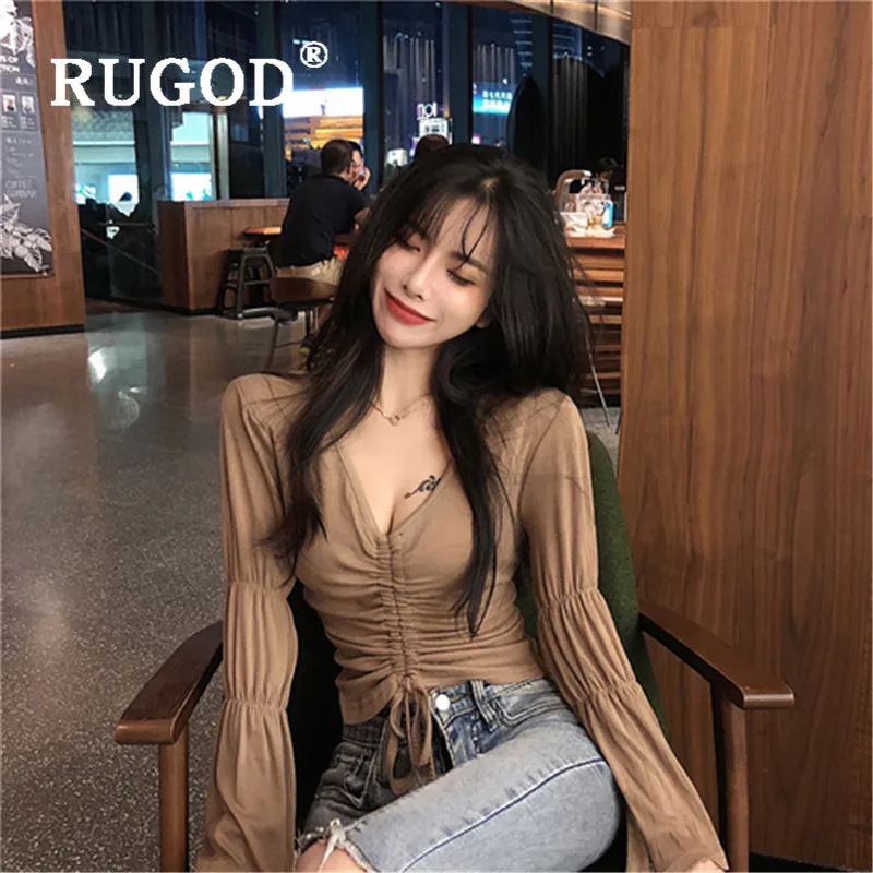 Женские футболки с v образным вырезом RUGOD винтажные однотонные топы длинными