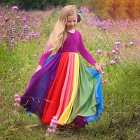 vogueon new arrival girls fashion rainbow dress mesh o neck children clothes kids carnival party vintage dresses for photography