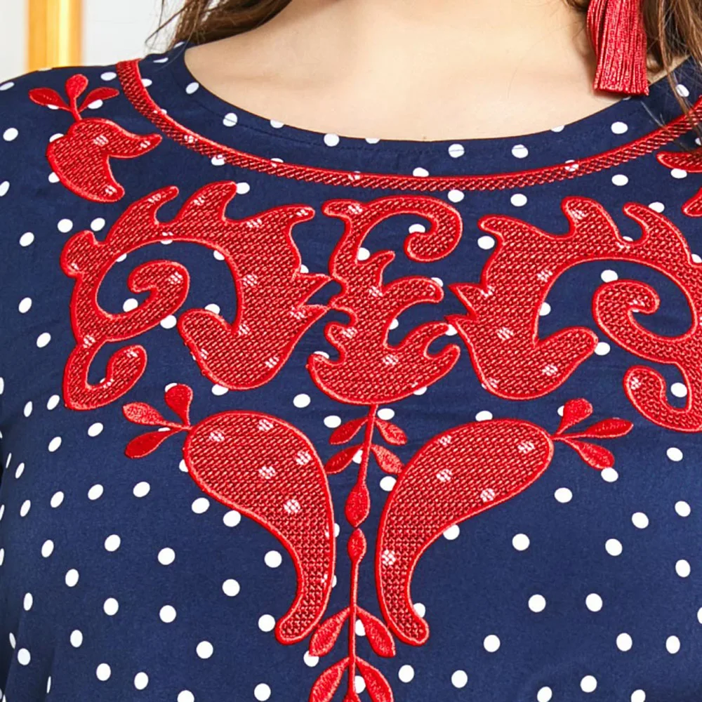 

Muslim Summer Dress Fashion Temperament Loose Casual Dots Printing Embroidery Splicing Flared Sleeves Round Neck 2021 Plus Size