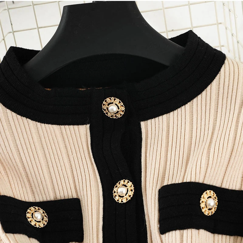 2021 Spring Autumn Knitted 2 Piece Set Chic Office Ladies Single Breasted Pearl Buttons Cardigan Sweater+Pleated Long Skirt Suit |