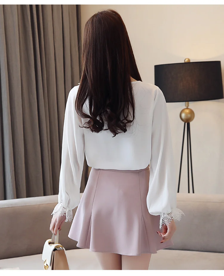 Осенние корейские модные шифоновые женские блузки кружевные белые рубашки с