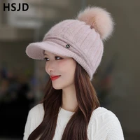 fashion female rabbit hair knitted hat with m letter knit berets warm brim winter hats for women visor beanie caps hat for girls