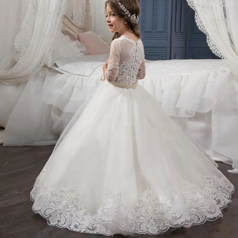 Lace Flower Girl Dresses for Wedding Pearls Wasit Jewel Neck Infant Toddler Baby Kids | Свадьбы и торжества