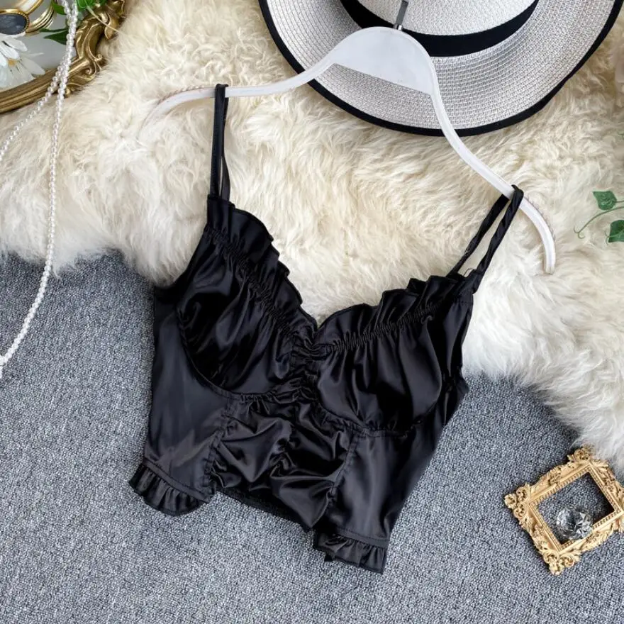 

2020 Summer Sleeveless Ruffles Women Vest Basic Crop Top Ladies Solid Color Short Tank Tops Slim Pullover Female Shirt JW9404