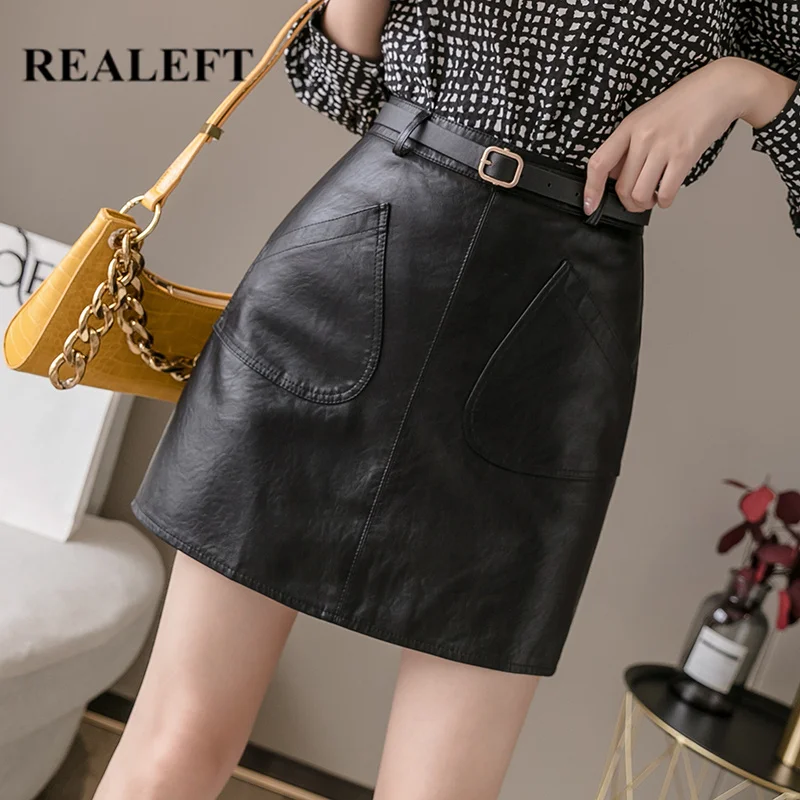 

REALEFT Autumn Winter Black PU Leather Short Skirts with Belt New 2020 Female Wrap Skater Skirts High Waist Sexy Mini Skirts