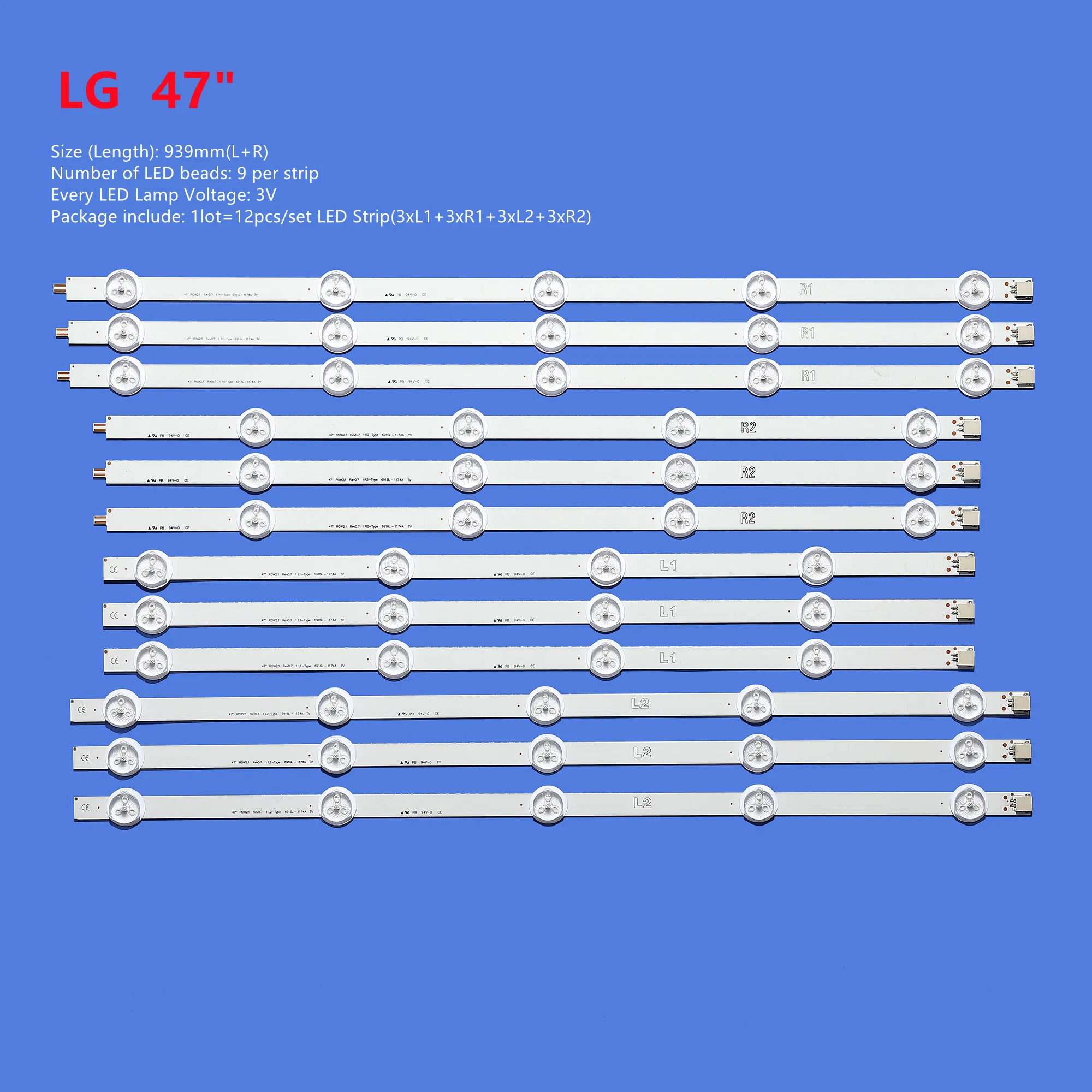 

12 pcs LED Backlight Lamp strip For LG 47"TV 6916L-1259A 6916L-1260A 6916L-1261A 6916L-1262A LC470DUE SF R1 R2 R3 R4 U1 47LA6210