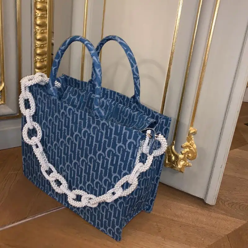 Сумка-тоут женская из денима вместительная сумочка для покупок с принтом на