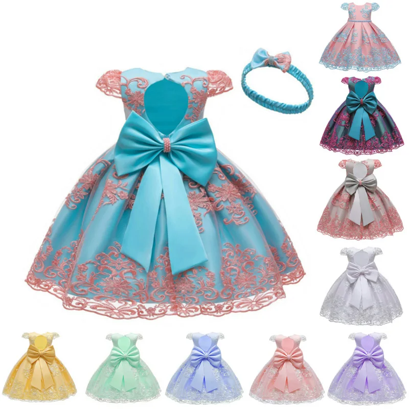 

Children Girls Pleated Princess Dress Lace Bow Mesh Cotton Evening Dress Birthday Party Clothes Free Headband