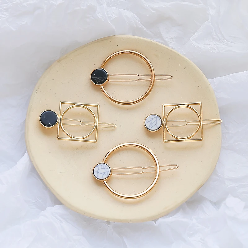 

Fashion Women Girls Metal Circle Square Hair Clips Natural Stone Hairpins Barrettes Wedding Hair Clip Accessories