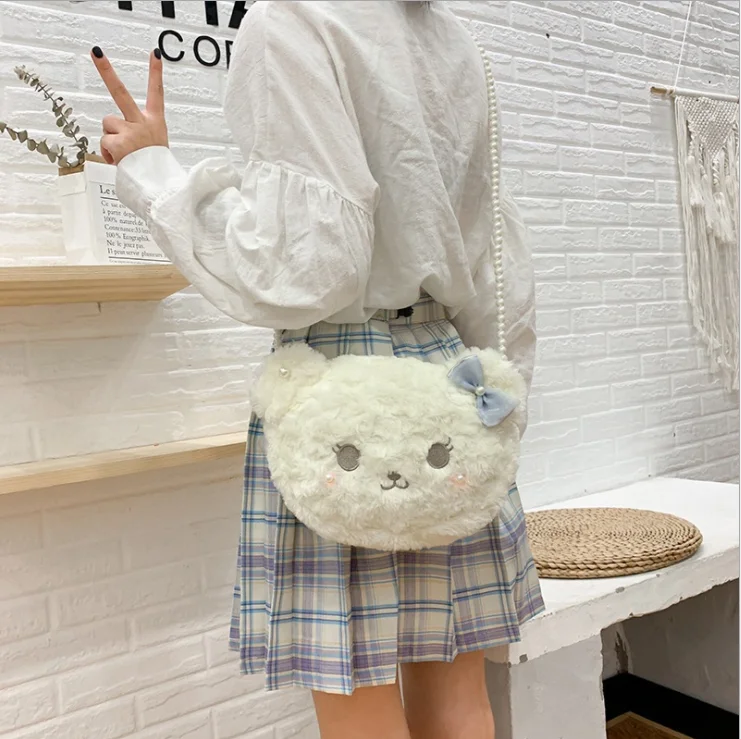 

COOLFEL New Japanese Lolita Shoulder White Kawaii Bear Bags For Girls Cosplay Plush Chain Shoulder Bag Phone Coin Bag