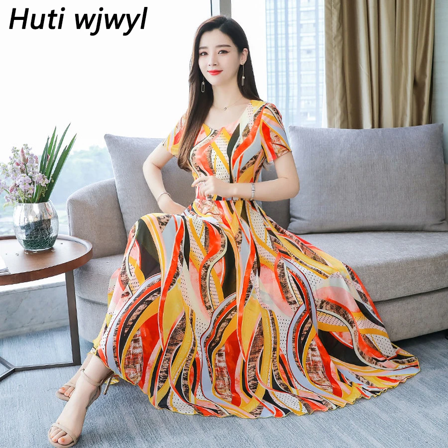Женское пляжное платье макси винтажное шифоновое миди с принтом элегантное